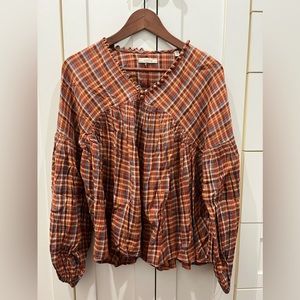 Pre-owned GUC Dôen Thistle top, blue autumn plaid. Size S